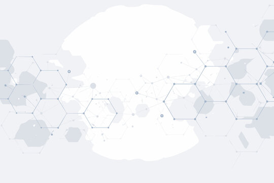 Abstract Molecular Structure Technology Background with Geometric Hexagons and Network Connections on White. Vector Banner Design for Science, Medical, Digital Innovation, and Research Concepts.