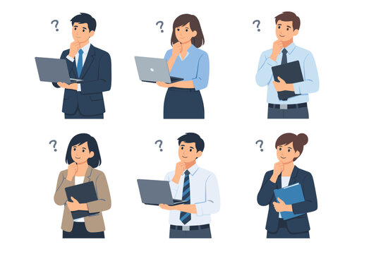 Set of diverse business people in professional suits thinking and questioning with laptops and folders. Flat vector illustration of men and women solving problems or making office decisions.