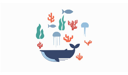 Marine life circle composition flat vector whale fish jellyfish coral seaweed underwater concept © Wahida