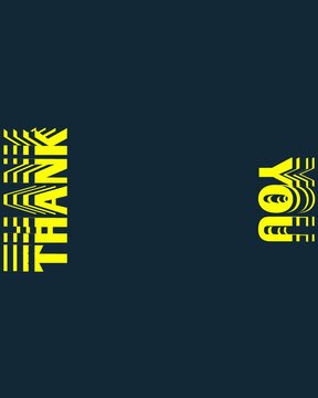 Yellow text reading "THANK YOU" features a repeating, layered glitch effect against a dark navy blue background.
