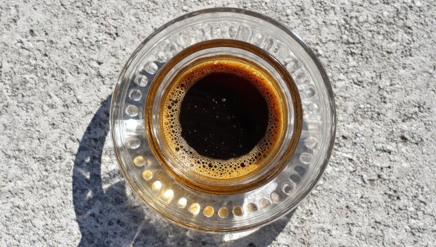 A top-down view showcases a small glass of dark coffee resting on a textured concrete surface, bathed in bright sunlight.