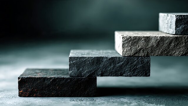 Granite stone steps in a rising staircase formation represent solid career progress and professional achievement for business success in a modern dark environment