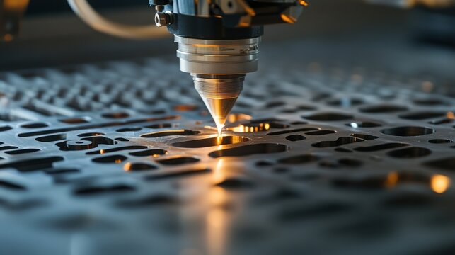 A laser cutting machine precisely cuts through a metal sheet in a factory setting.