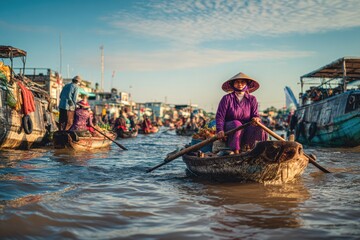 Obraz premium A woman in a traditional conical hat navigates a bustling river market in Southeast Asia, surrounded by numerous boats and vendors.