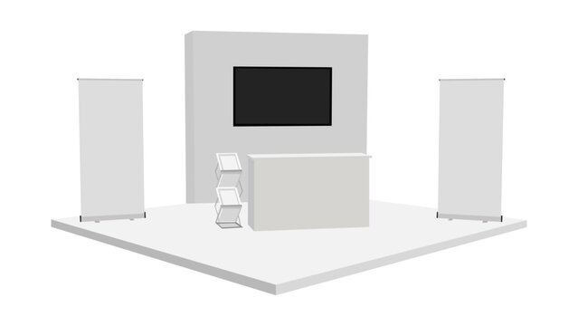 Exhibition booth setup with display screen and roll up banners