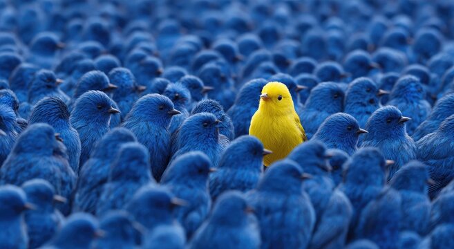 A vibrant yellow bird stands out prominently amidst a vast crowd of identically blue birds, creating a striking visual contrast and symbolizing individuality.