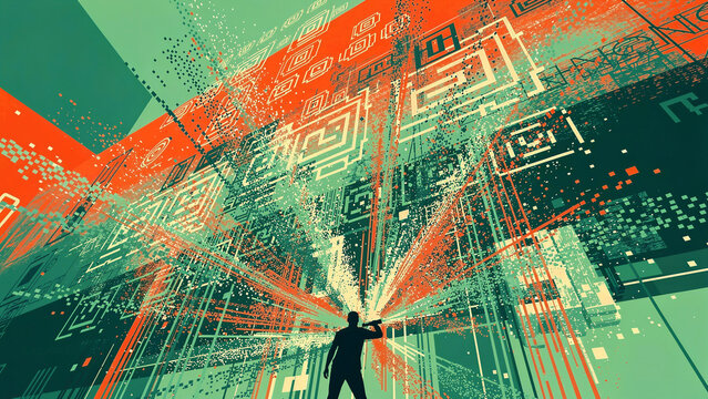 A determined lone silhouette of a person, possibly a man, actively uses a monocular to gaze upward, exploring abstract, complex digital data landscapes, symbolizing vision, foresight, and intricate