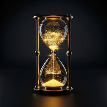 Hourglass with glowing light particles flowing, time passing concept