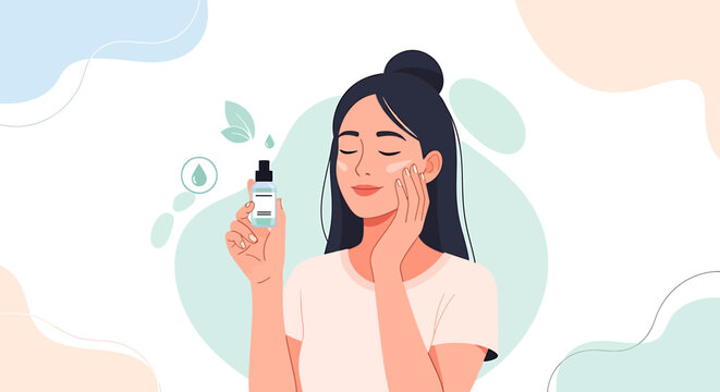 Woman applying skincare serum illustration beauty and wellness vector