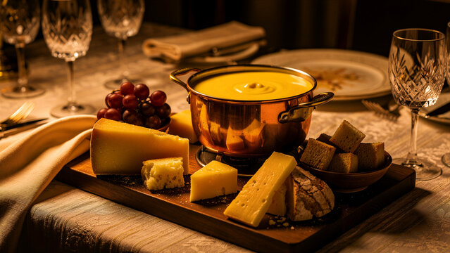 A copper pot filled with warm melted cheese fondue sits on a wooden platter alongside chunks of artisanal crusty bread and fresh red grapes for a gourmet dining experience featuring high quality
