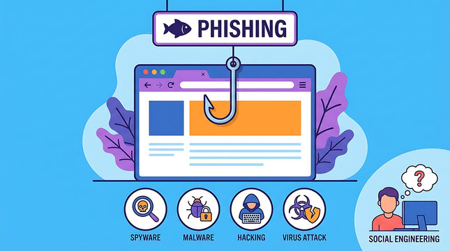 Cybersecurity concept vector illustration of a malicious web page caught on a fishing hook, representing phishing, spyware, malware, hacking threat, virus attack, and social engineering fraud.