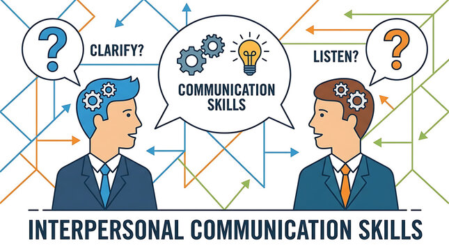 Corporate professional vector illustration of two business executive men communicating through speech bubbles with question marks and text representing interpersonal exchange and dialogue skills.