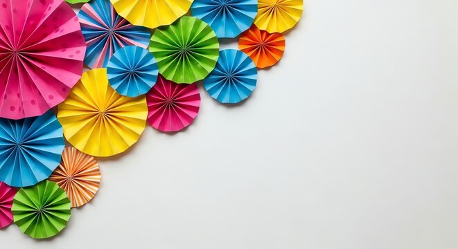 Colorful paper fans arranged in a corner on a white background
