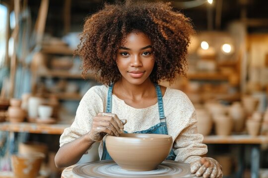 Potter with curly hair wearing an apron and sweater shaping a clay bowl on a spinning pottery wheel in a warm workshop, hands coated in wet clay, focused and content
