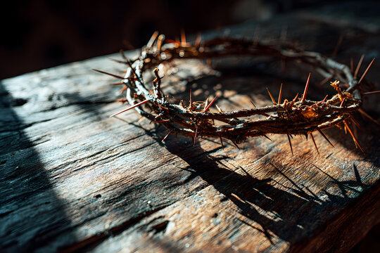 Crown of thorns on a wooden background: play of light.