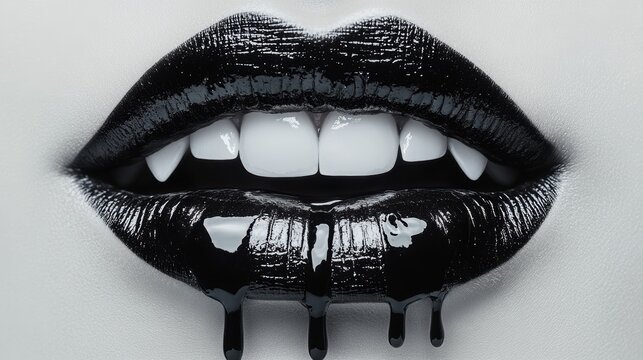 Sexy Vampire Woman lips with blood,Dripping blood on mouth, witches or beast creatures,female lips with fangs,horror holiday monsters,Vampire makeup Fashion Art design,Halloween banner background.