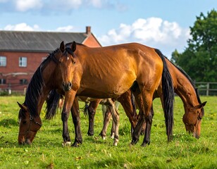 Obraz premium Two brown equines graze contentedly on lush, green grass with a red brick building in the background on a sunny day
