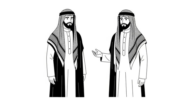 Two Arab men in traditional attire, discussing something important, monochrome.