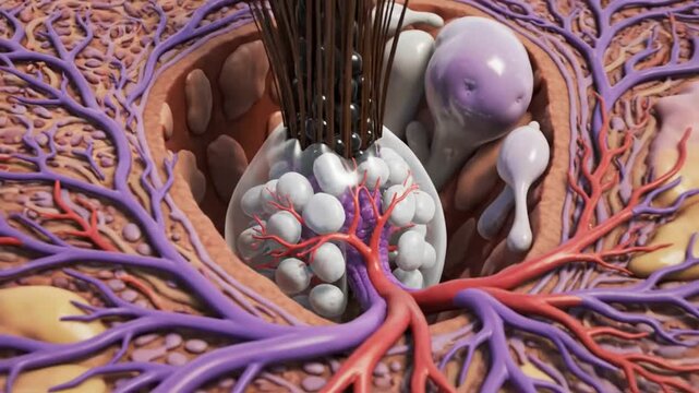 Detailed 3D animation showing hair follicle cross section, structure, and associated anatomy