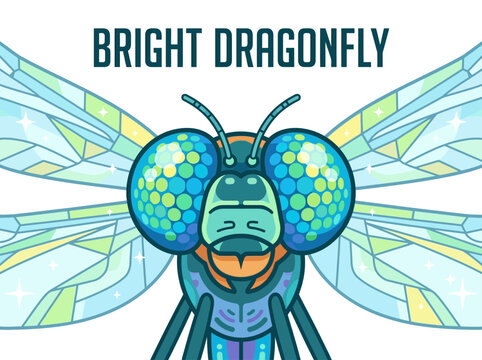 A close-up, stylized illustration of a bright dragonfly with vibrant, geometric wings against a light background, showcasing intricate details and vivid colors