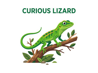 Fototapeta premium Green lizard perched on a branch, observing with a curious gaze, illustration