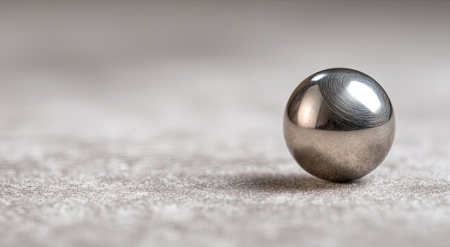 A highly reflective metallic sphere rests on a textured surface, creating a minimalist and abstract composition with subtle lighting and a focus on form.