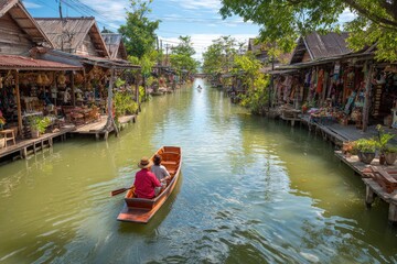 Obraz premium A traditional longtail boat navigates a bustling canal lined with shops in a Thai floating market.