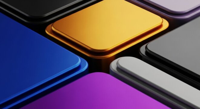 Close Up Of Metallic Square Objects With Rounded Corners In Blue Purple Gold Gray And Black Colors