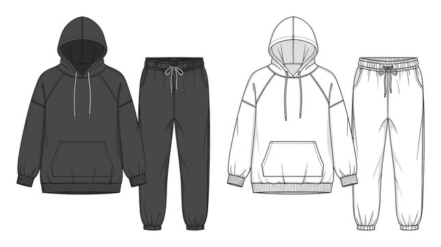 Flat technical sketch of an oversized hoodie and jogger sweatpants set, perfect for apparel design, fashion illustration, or product development templates