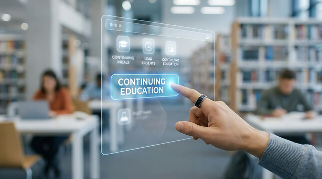Professional individual interacts with a futuristic digital interface displaying a continuing education inscription for personal growth, career development, and lifelong learning concepts.