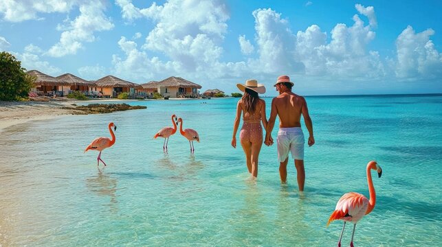 romantic couple holding hands while walking through shallow turquoise water past pink flamingos by a tropical beach resort with thatched bungalows under a sunny blue sky