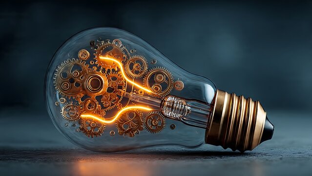 Glowing light bulb with internal metal gears and clockwork mechanisms lies on a dark textured surface representing innovative engineering and complex creative ideas today