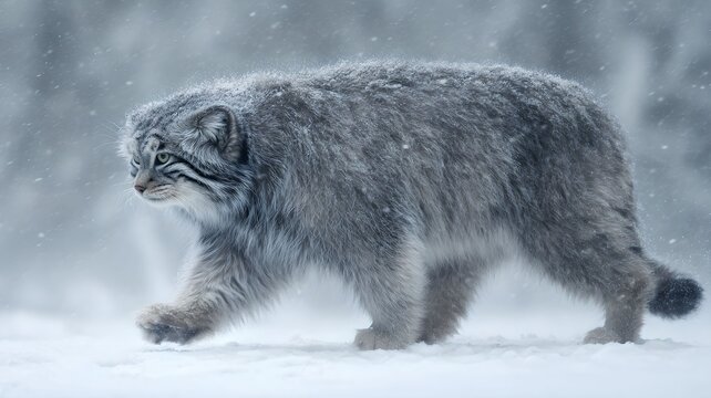 Pallas's Cat Walking Through Snowfall For Wildlife Education and Animal Studies
