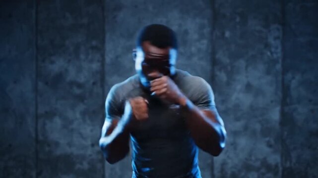 Man in a boxing stance ready to fight in a dark room.