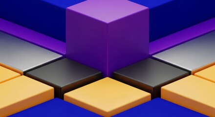 Obraz premium Geometric Abstract Purple Cube Center Stage Blue and Purple Background Textured Blocks