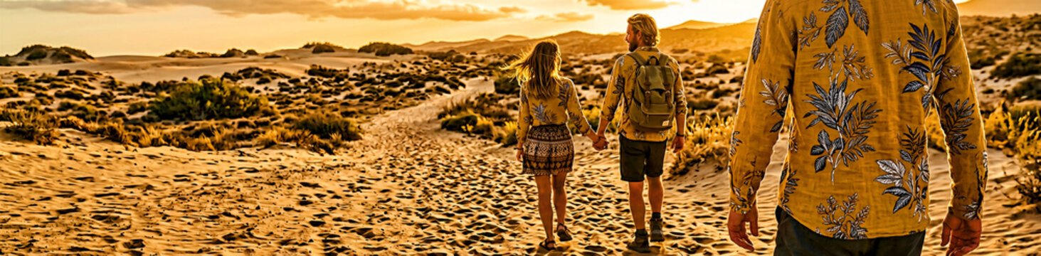 A romantic adventurous couple, holding hands, walks together on a textured path, wearing patterned shirts, embarking on a shared journey, experiencing a serene moment of connection and exploration.
