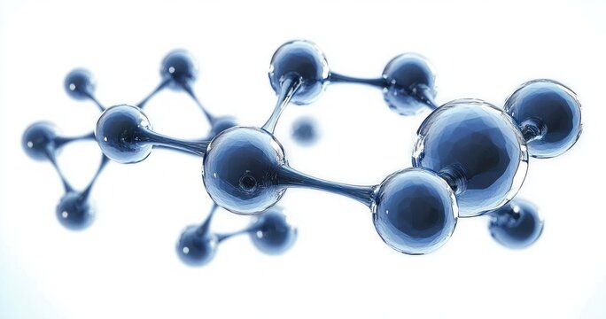 glossy blue molecular structure of connected spheres and bonds on white background, evoking futuristic scientific curiosity and precision