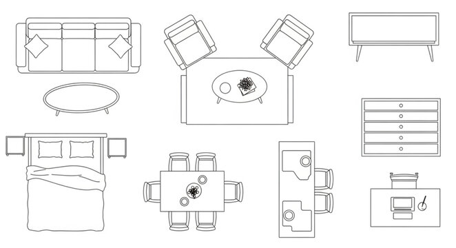 Interior design furniture layout plan top view sketches.