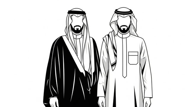 Two Arab men in traditional attire, standing side by side, black and white illustration.