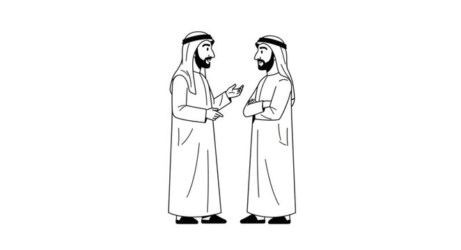Two Arab men in traditional attire having a conversation, discussing something important.
