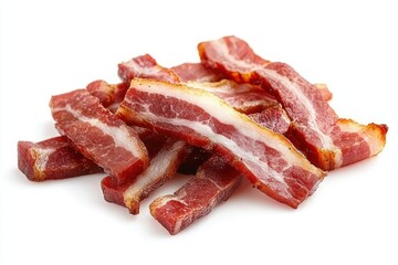 Fototapeta premium stack of crispy cooked bacon strips on white background, savory and appetizing