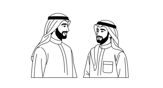 Two Arab men in traditional attire looking at each other.