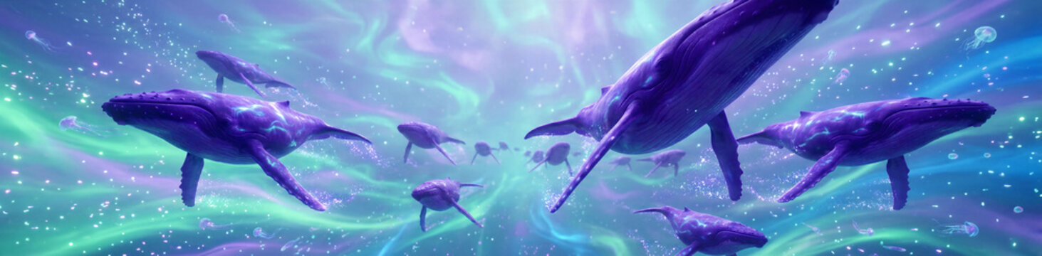 Majestic humpback whales swim gracefully through the dark water in this artistic representation of a magical marine pod showcasing their glowing purple skin textures and sleek physical forms as they