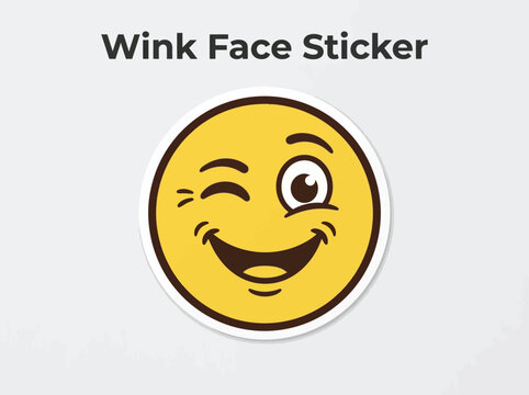 Winking yellow face sticker with open mouth and eyes expressing joy and playfulness