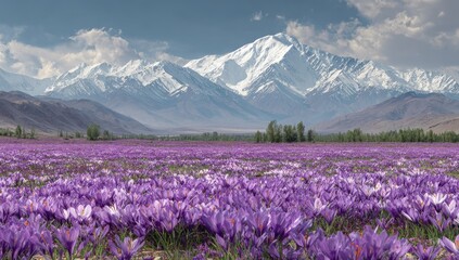 Obraz premium A vibrant field of purple saffron flowers stretches across a valley, framed by majestic snow-capped mountains under a partly cloudy sky.