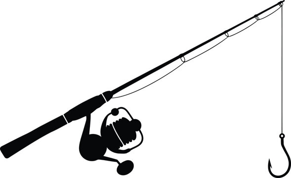 Fishing rod with spinning reel and sharp hook silhouette isolated on transparent background vector.