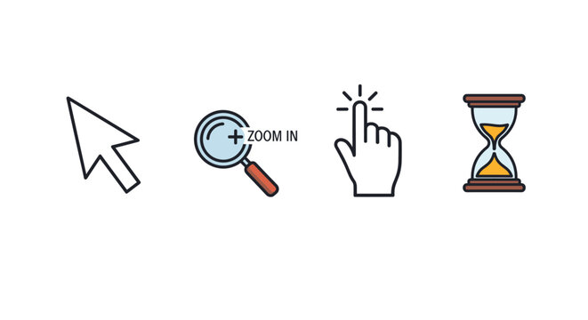 Set of four essential web interface icons including a mouse cursor, magnifying glass for zoom, hand pointer, and hourglass timer.