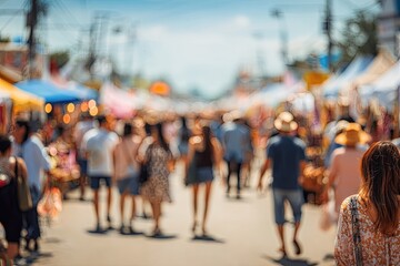 Obraz premium A blurred, vibrant scene captures the bustling energy of a lively outdoor market filled with people browsing colorful stalls under a bright, sunny sky.