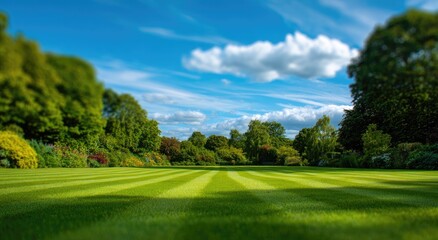 Fototapeta premium A vibrant, sun-drenched landscape showcases a meticulously manicured lawn stretching towards a lush forest under a bright blue sky dotted with fluffy white clouds.