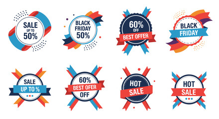 Naklejka premium Collection of various colorful discount sale badges and labels for black friday promotions featuring percentage off and best offer text.